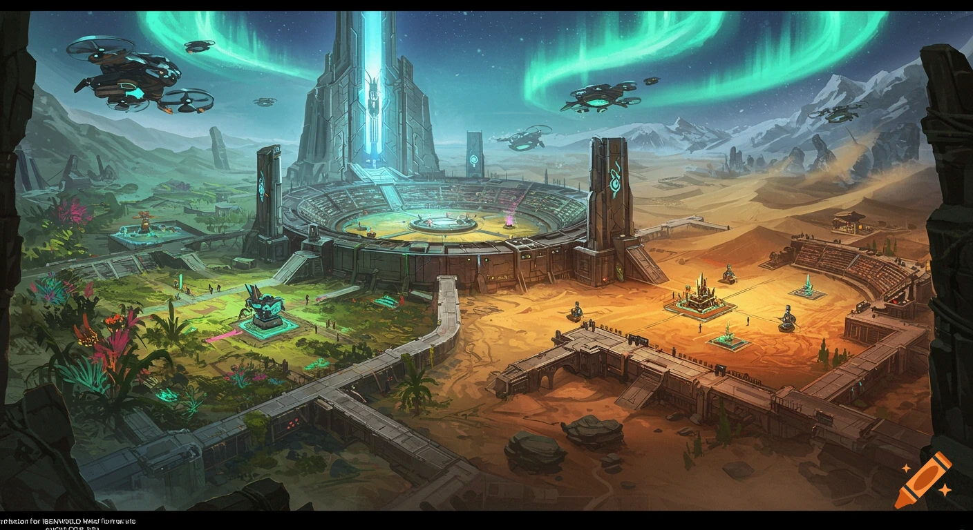 Vast futuristic battle arena with large structures, drones, and an open world environment under an aurora-lit sky.