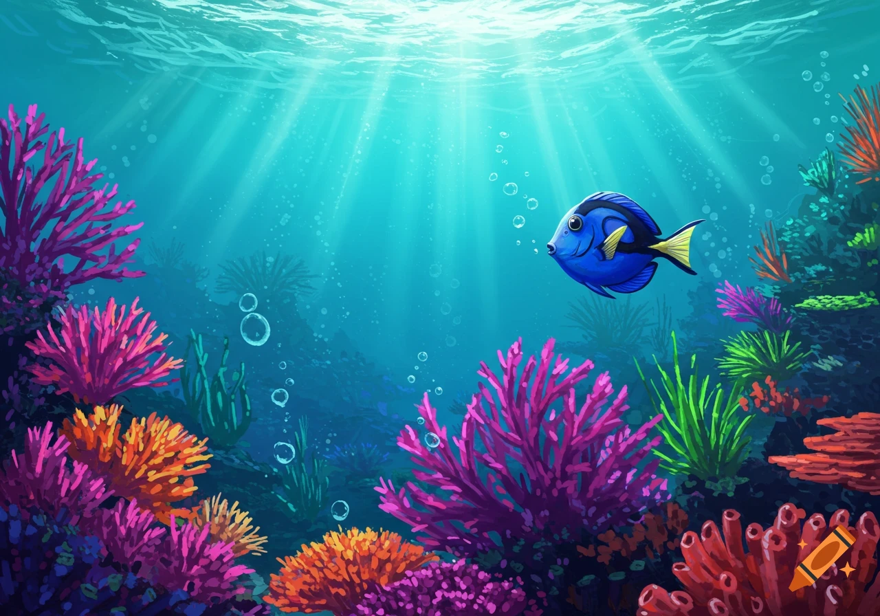 A vibrant illustration of a blue fish swimming among colorful coral and sea plants in a sunlit underwater scene.