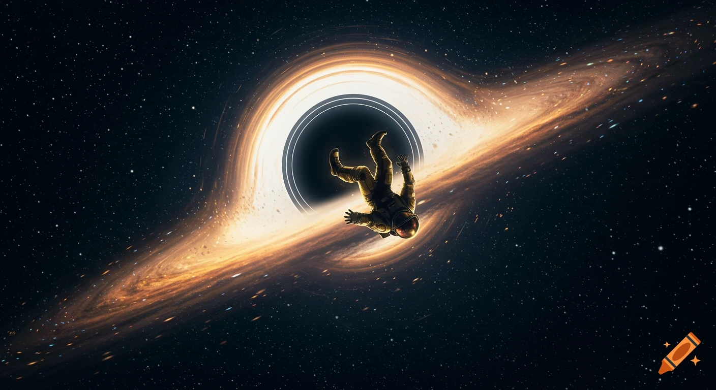 A realistic astronaut in a gold suit falls into a vibrant black hole surrounded by spiraling stars in deep space.