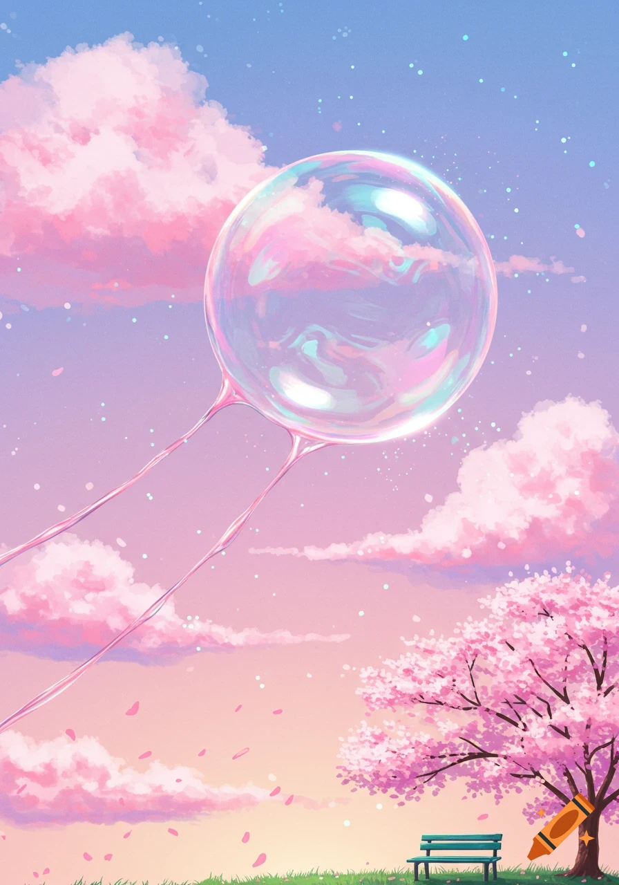 A giant iridescent bubble floats over a pastel landscape with pink clouds, a cherry blossom tree, and a bench.