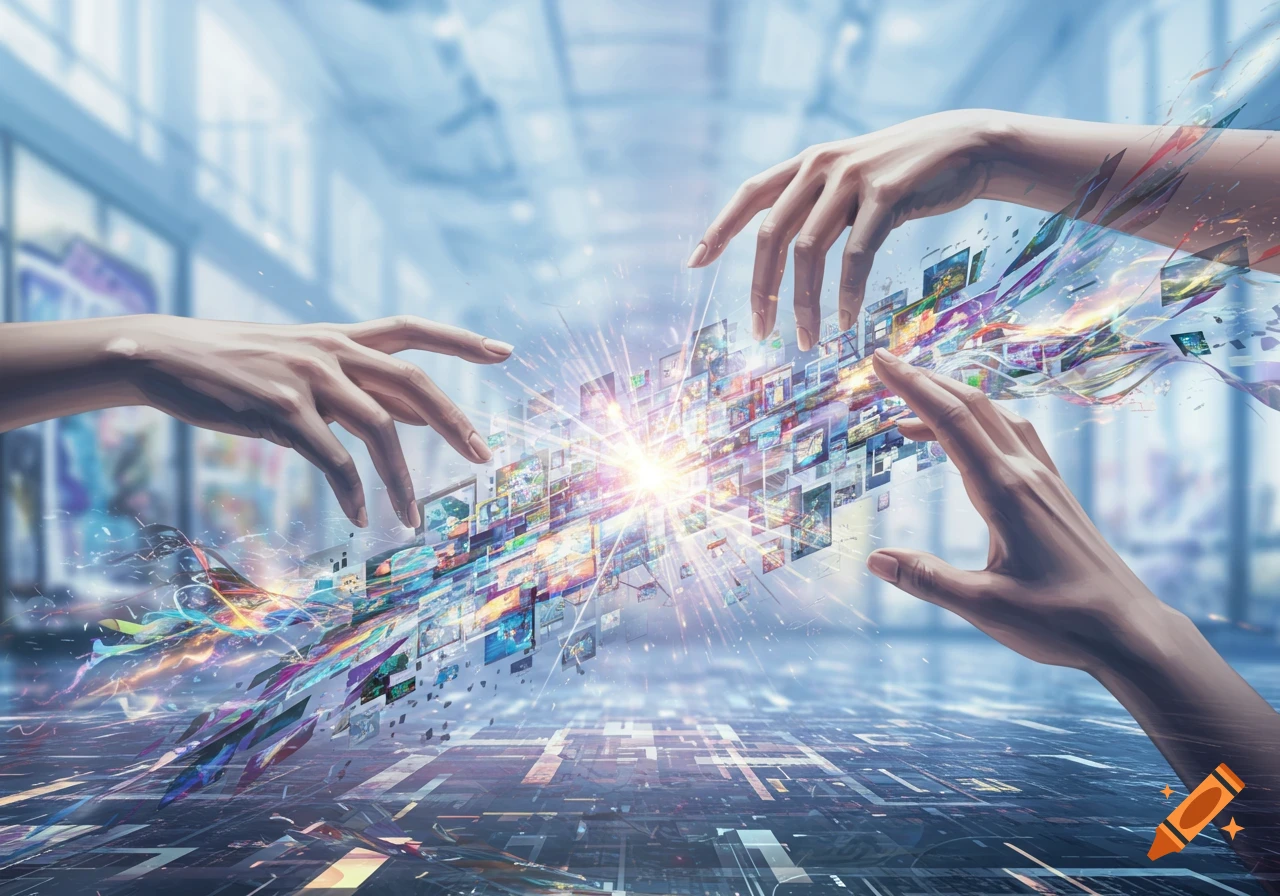 Two hands reaching towards a burst of digital information and colorful data streams in a futuristic setting.