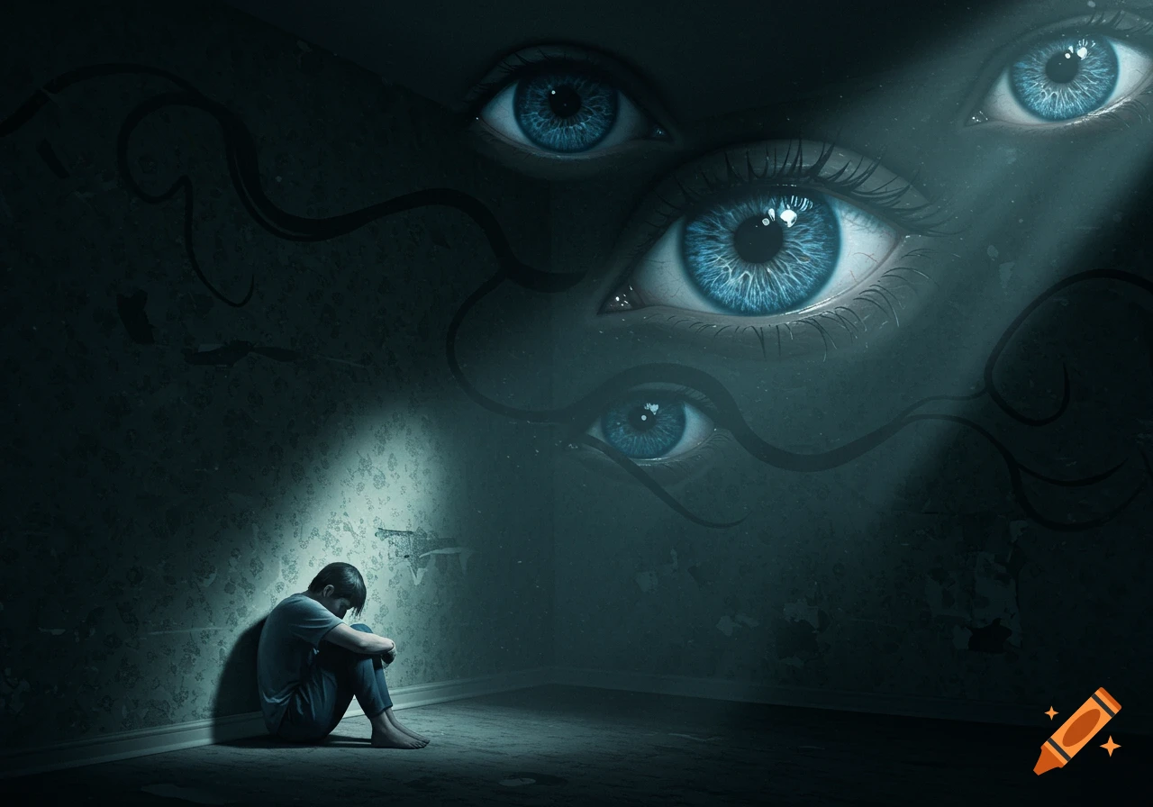 A distressed person curls in a dark corner, observed by giant blue eyes looming above.