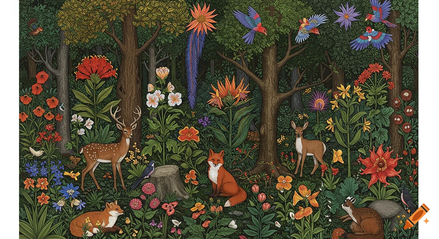 Vintage chromolithograph of a vibrant forest with deer, foxes, raccoons, birds, and intricate flowers.