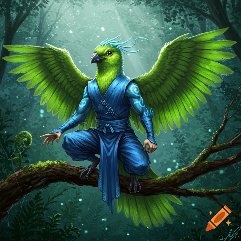 A green bird-headed humanoid with large wings and blue ninja attire crouches on a tree branch in a sunlit forest.