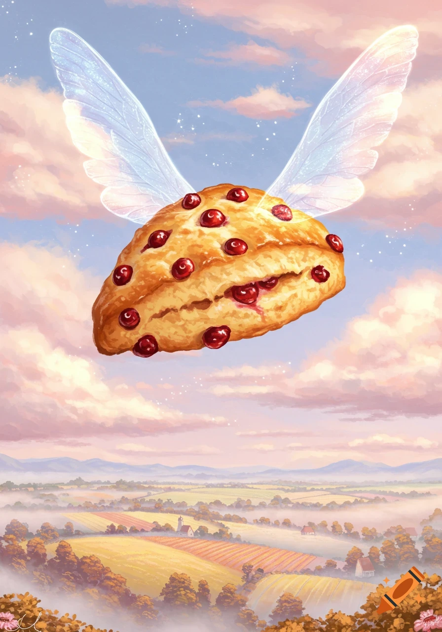 A cranberry scone with translucent fairy wings flies in a pastel sky above a misty, rolling pastoral landscape with fields and trees.