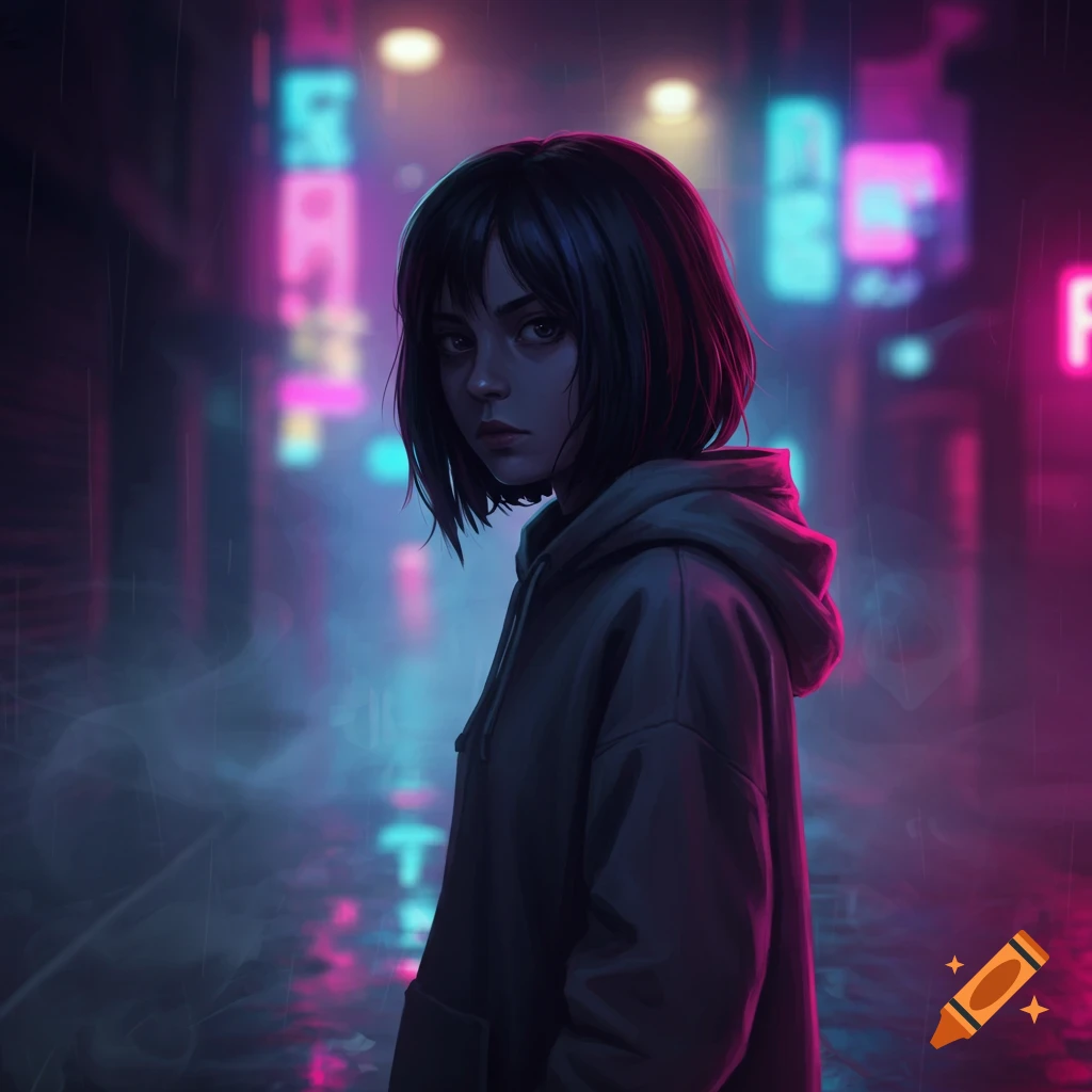A moody girl with dark hair and a hoodie stands in a rainy, neon-lit cyberpunk city street, looking at the viewer. Digital art.