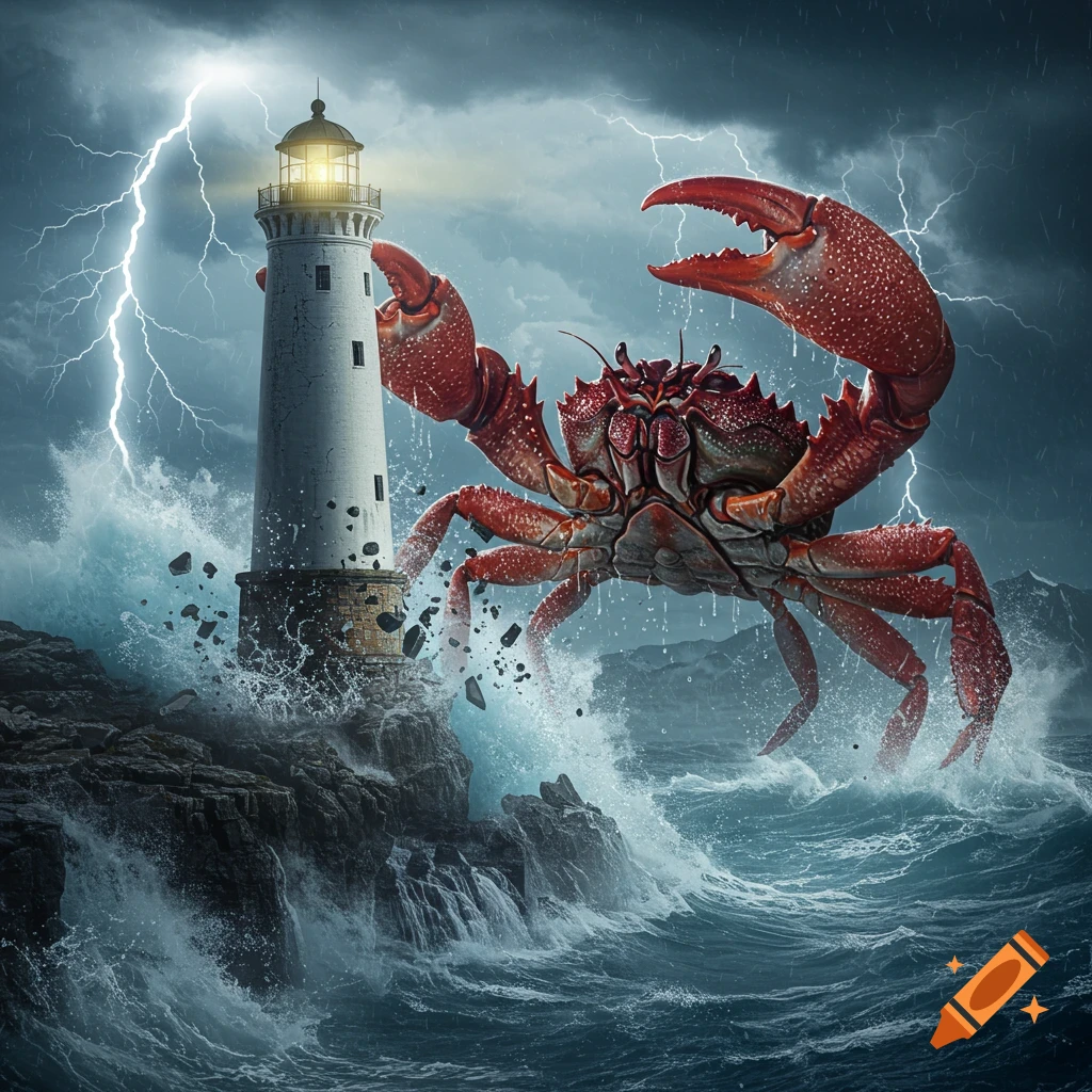 A giant red crab attacks a white lighthouse on a rocky coast during a stormy night with lightning and crashing waves. Photorealistic.