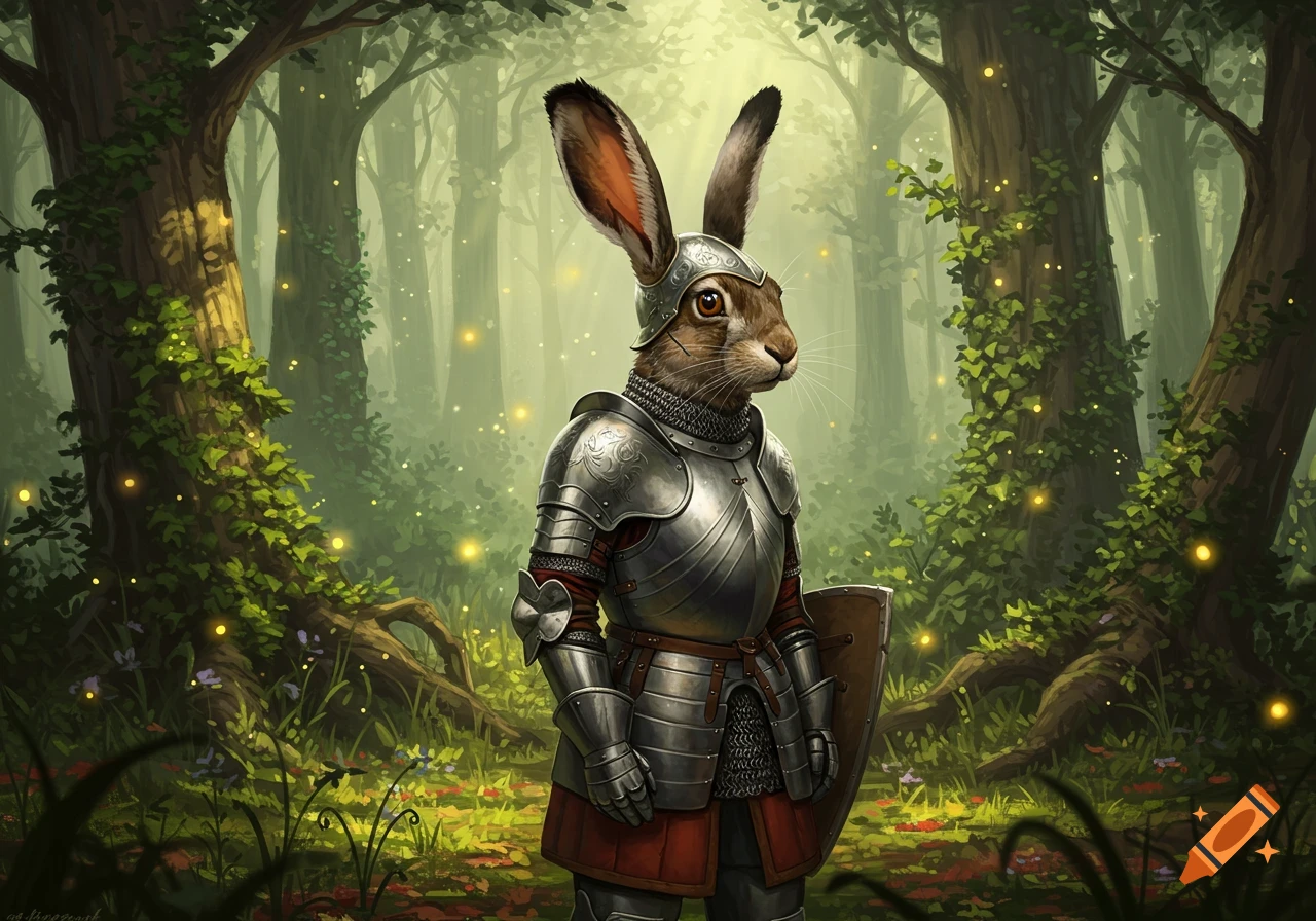 A brown hare wearing full medieval knight armor stands in an enchanting, misty green forest with glowing fireflies.