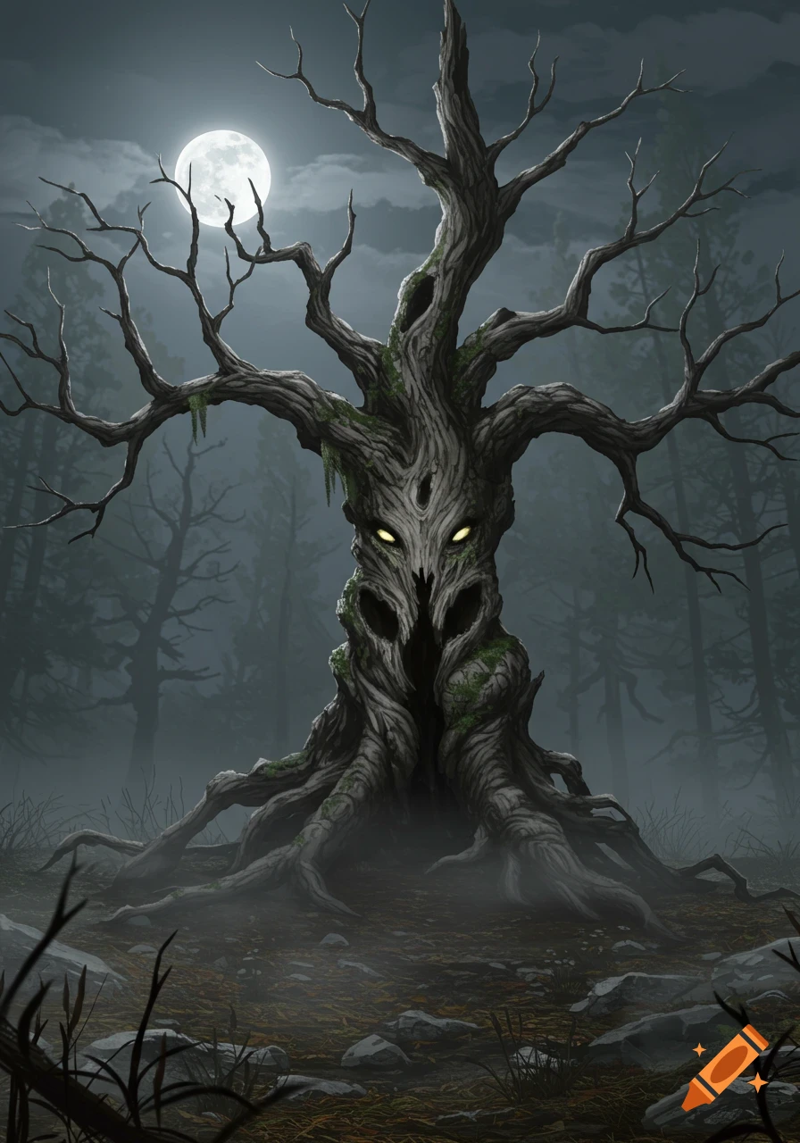 A gnarled, monstrous tree with glowing yellow eyes stands in a dark, misty forest under a full moon, in a dark fantasy art style.