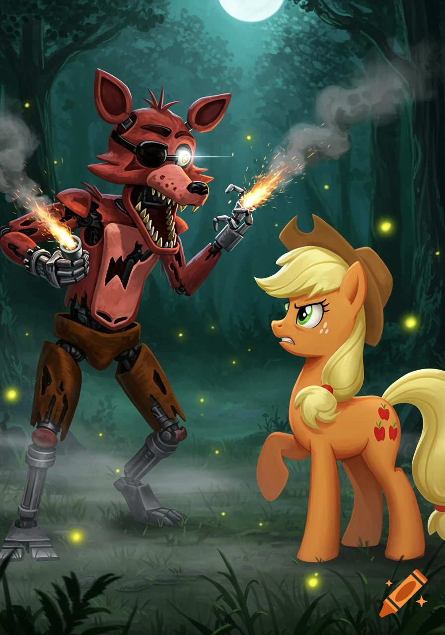 Foxy the animatronic fox sparks from his hands while facing a concerned Applejack from My Little Pony in a dark, moonlit forest.