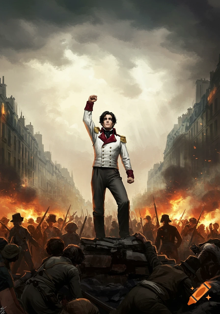 A man in a white and red uniform stands on a barricade with a raised fist, encouraging revolutionaries amidst a fiery street battle. Digital painting.