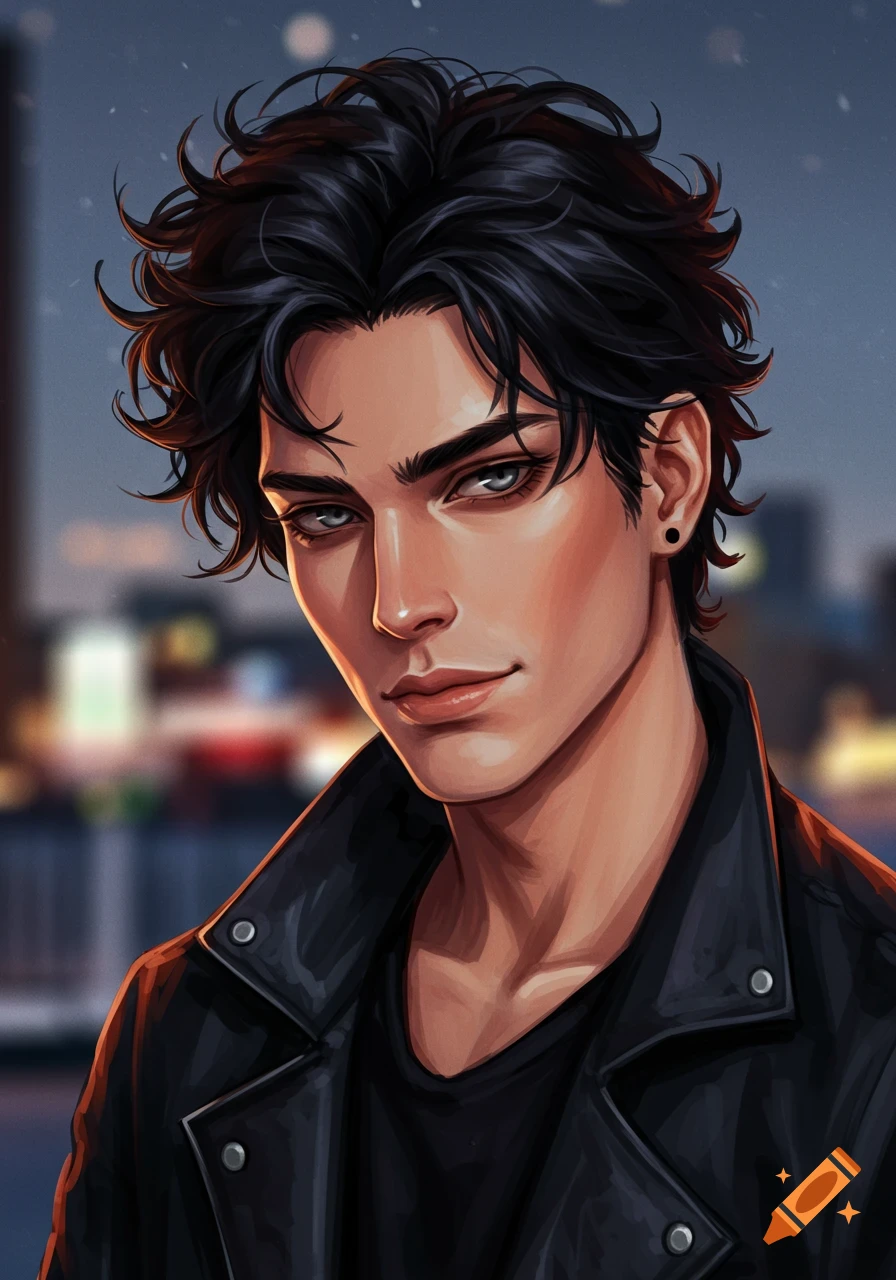 Digital art portrait of a man with messy black hair, light skin, and an indifferent cat-like expression, wearing a black leather jacket, with blurred city lights in the background.