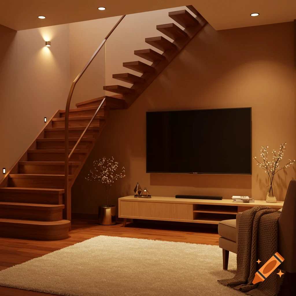 A modern living room with a wooden floating staircase, wall-mounted TV, and cream rug on a wood floor, with warm lighting.