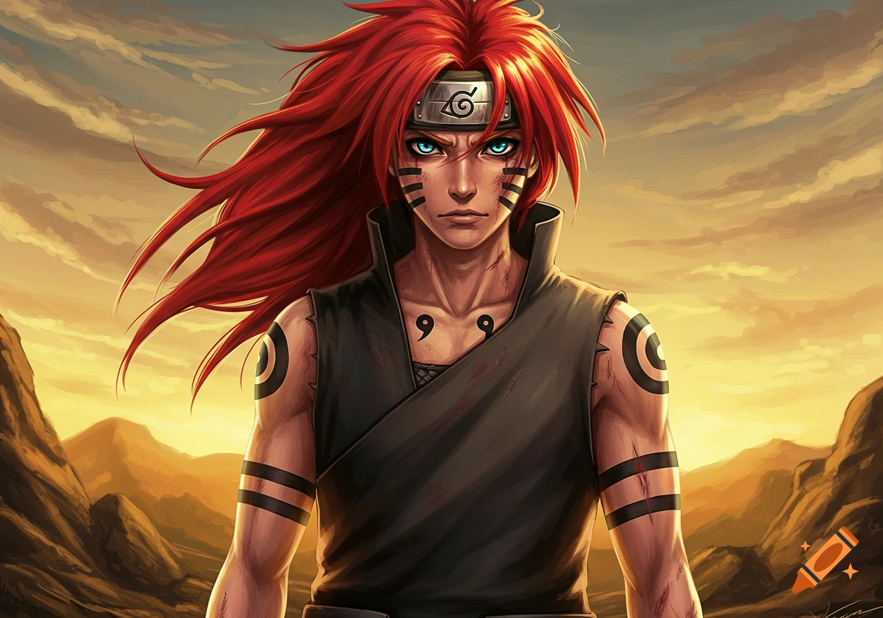 Anime man with long red hair, blue eyes, and face/arm markings, wearing a headband and black outfit, standing in a golden desert.