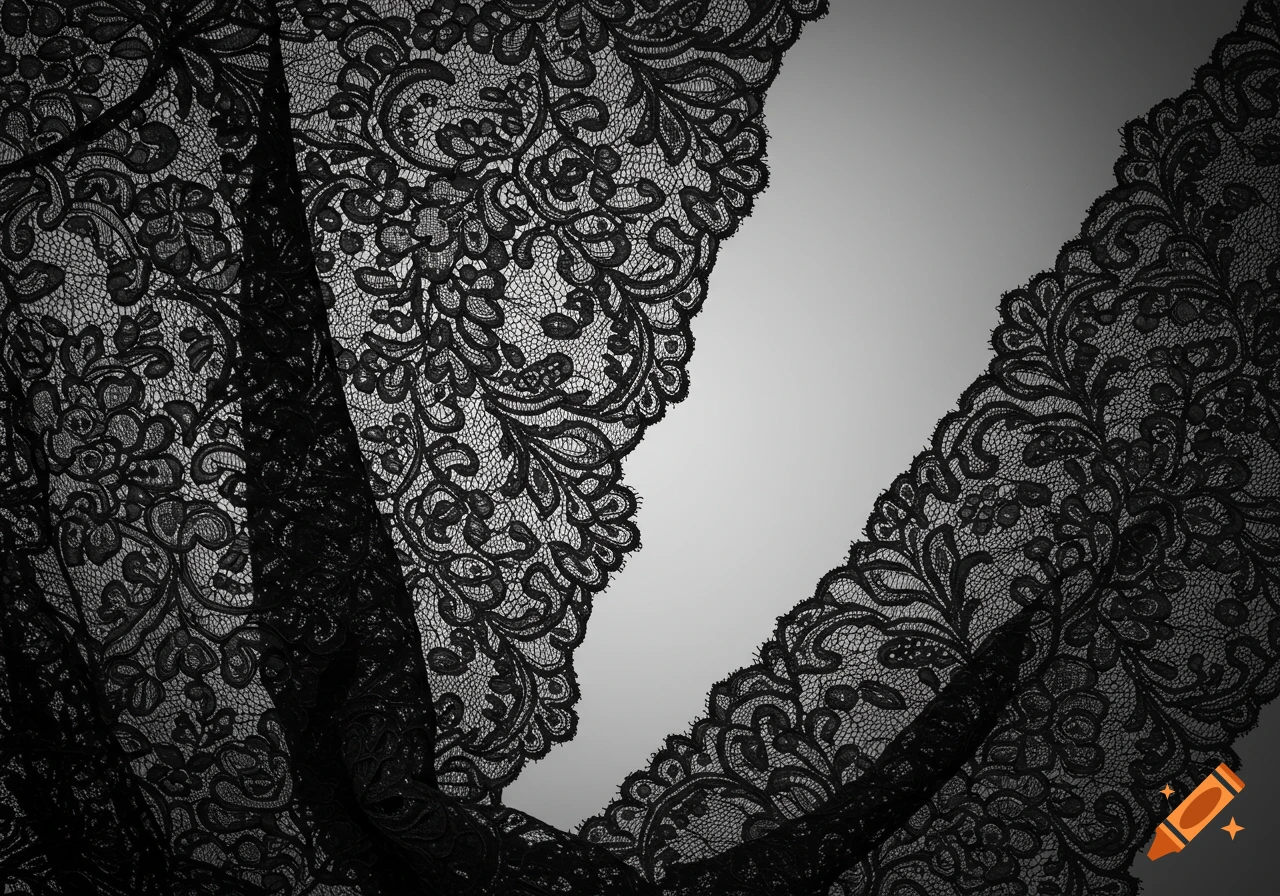 Close-up of intricate black lace fabric with floral patterns against a light grey gradient background.