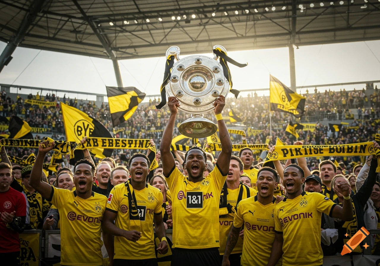 A football team in yellow jerseys celebrates lifting a silver trophy in a stadium packed with cheering fans and waving yellow flags.
