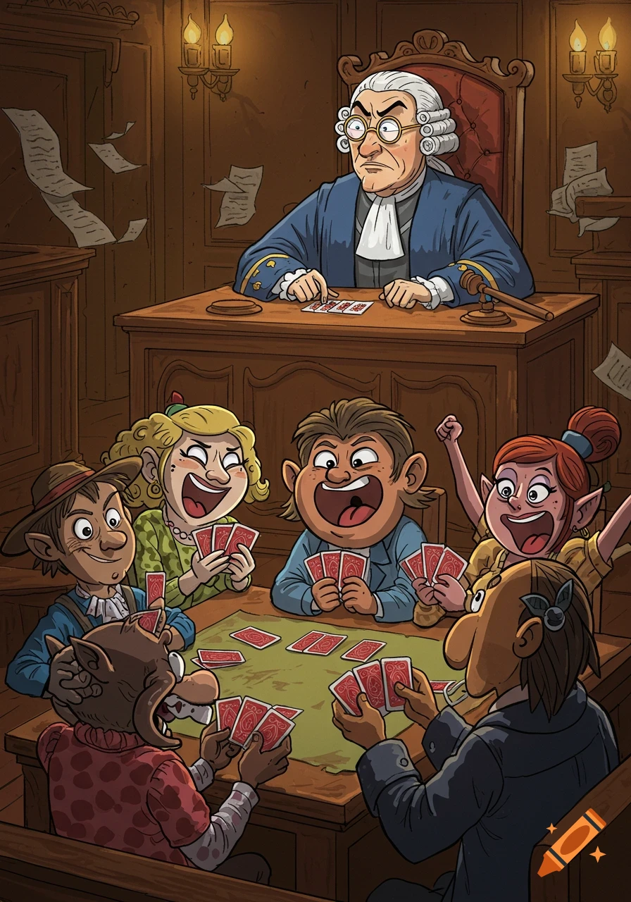 Cartoon judge presides over a whimsical courtroom filled with various characters playing cards.
