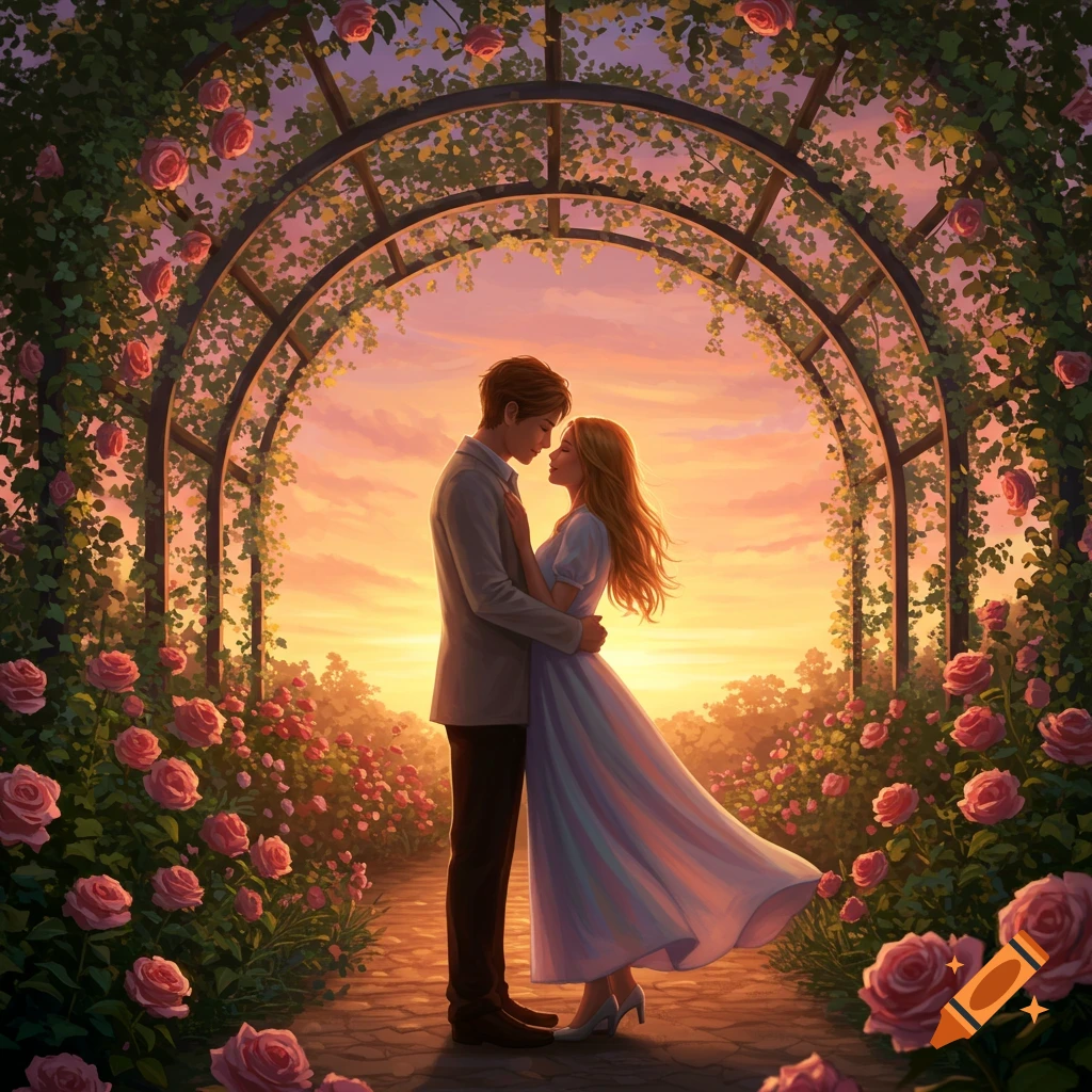 Digital painting of a man and woman embracing under a rose-covered archway in a garden at sunset.