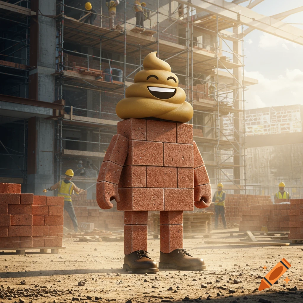 A smiling poop emoji head on a brick block body with human shoes stands in a sunny construction site filled with workers and scaffolding.