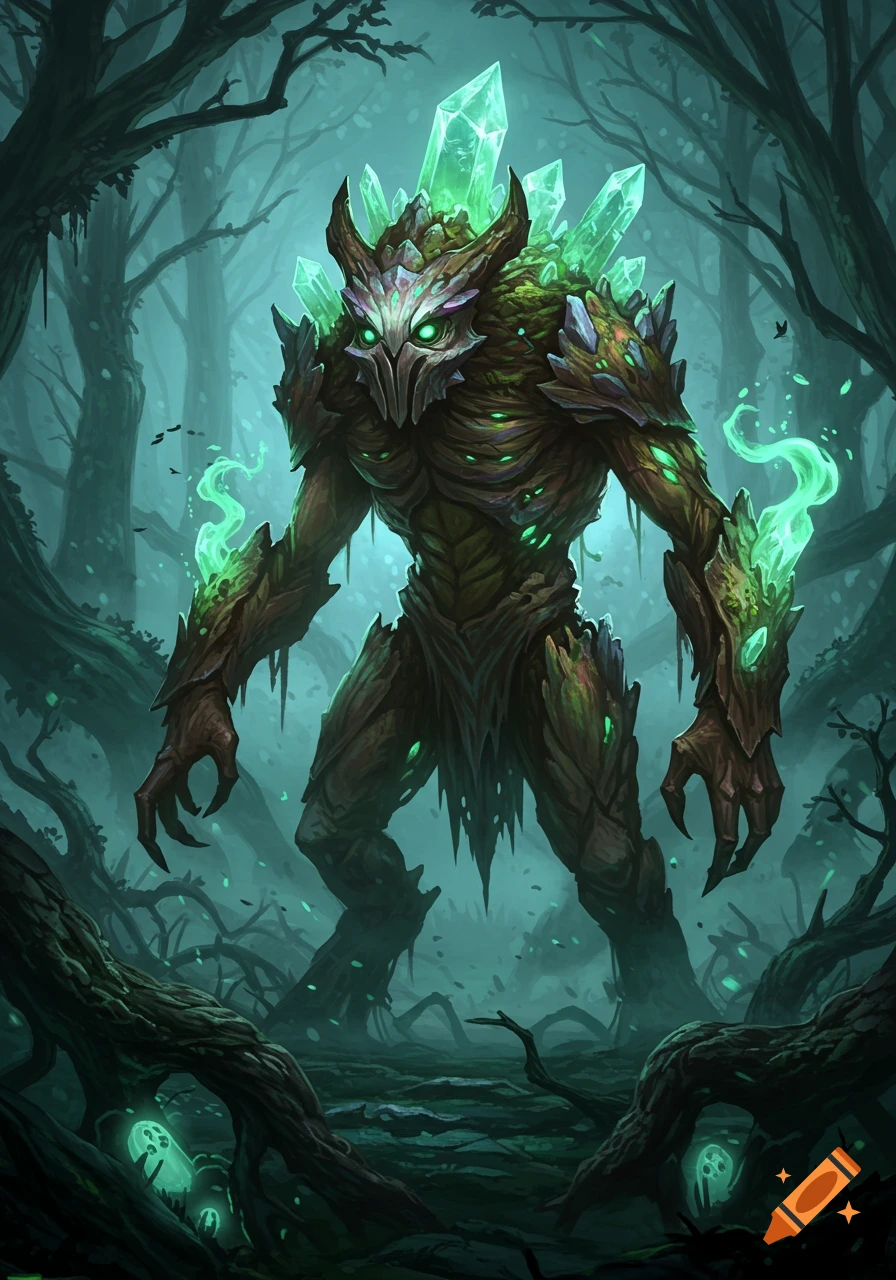 A formidable treant-like creature made of wood and glowing green crystals stands in a dark, eerie forest.