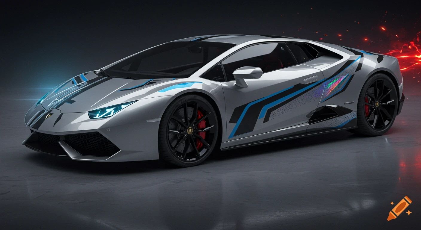A photorealistic silver Lamborghini with abstract blue and black wrap designs, glowing blue headlights, and a dark background with red light effects.