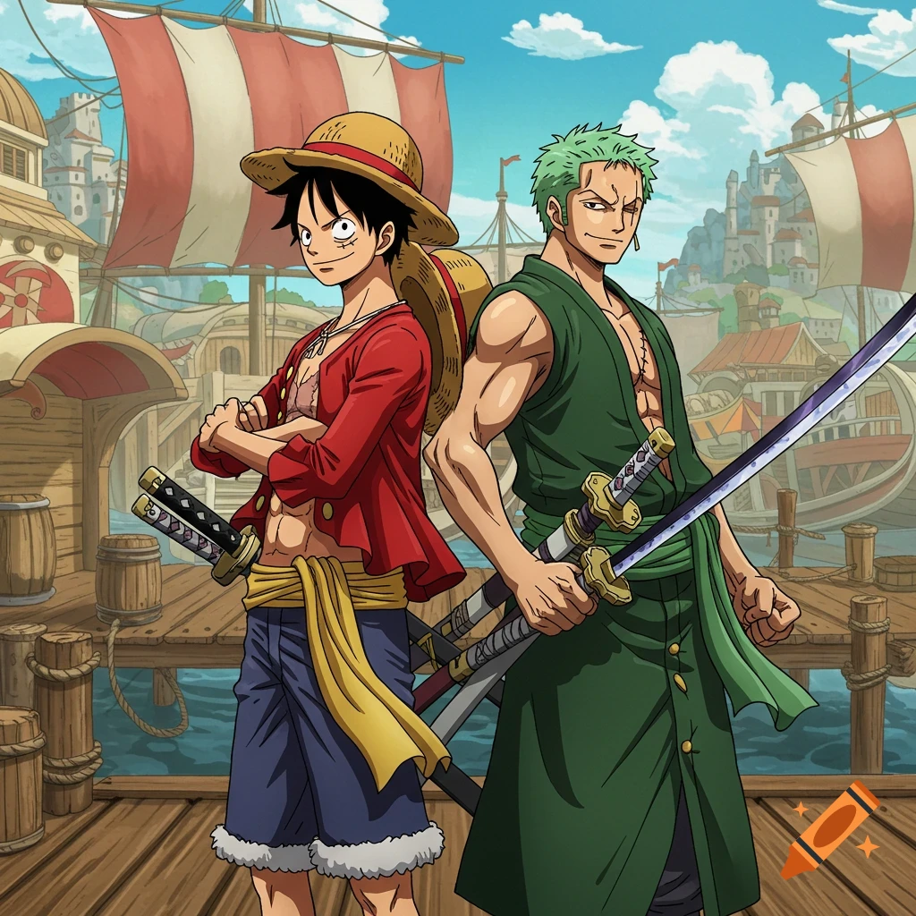 Luffy and Zoro from One Piece stand back to back on a dock, with ships and a town in the background, in anime style.