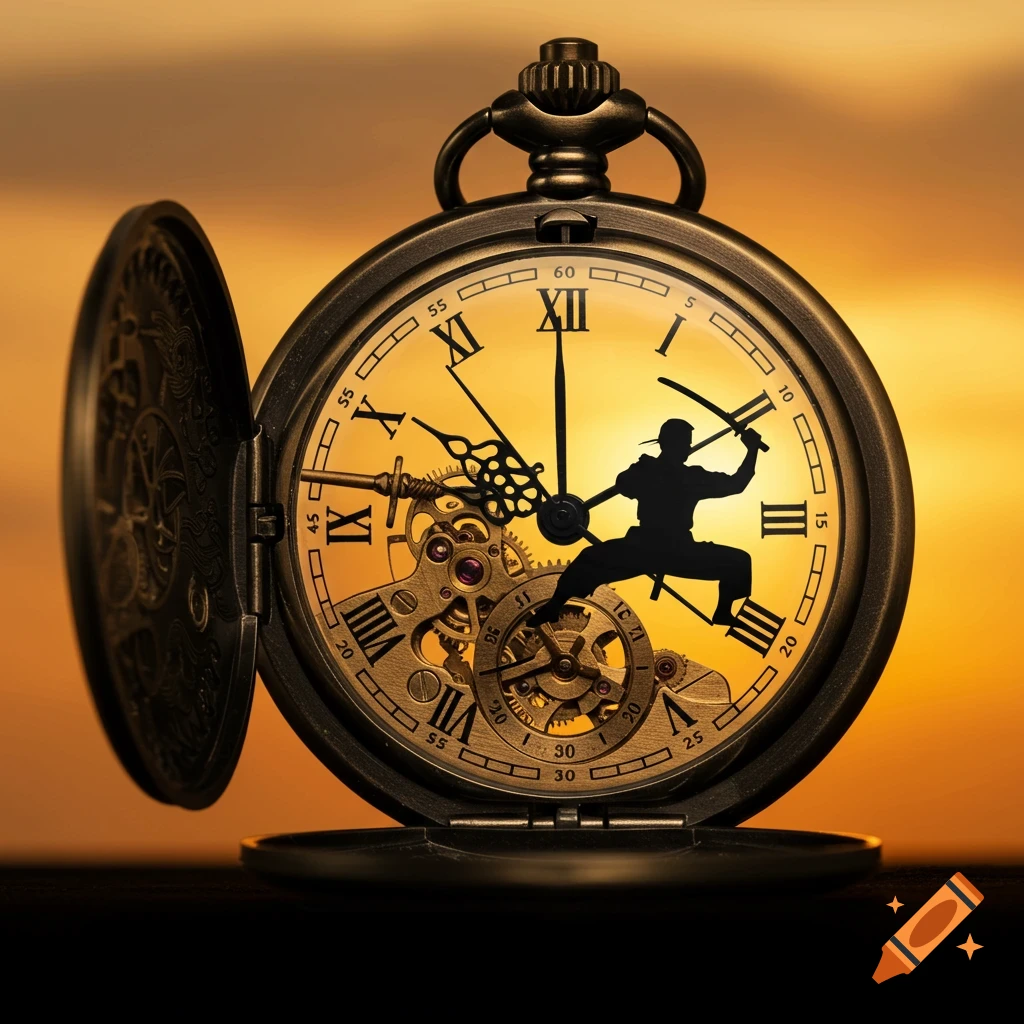 A close-up of an open pocket watch with visible gears and a silhouette of a warrior with a katana inside. The background is a golden sunset.