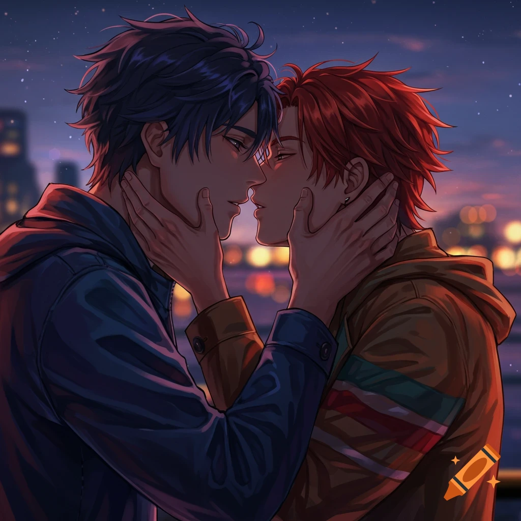 Two anime men with colorful hair gaze intimately, holding faces, against a starry night and city lights.