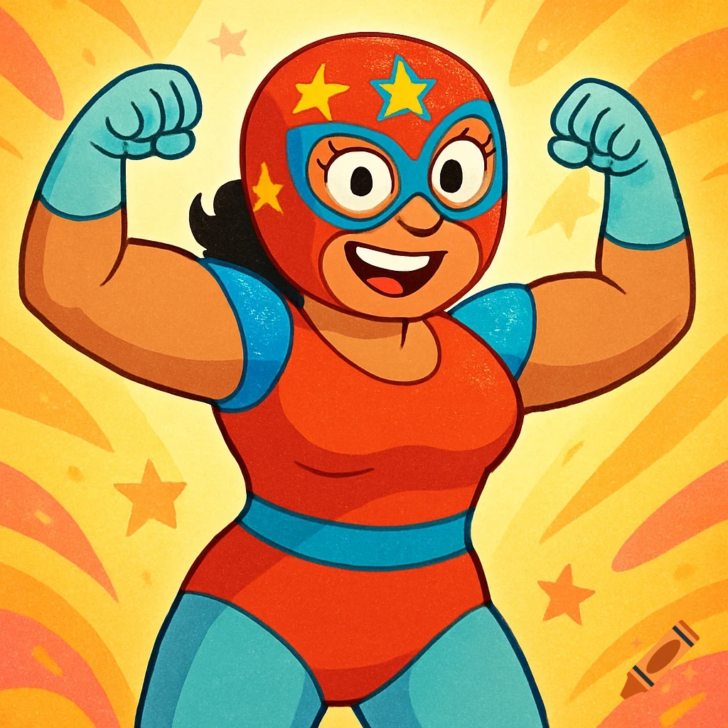 A cartoon woman in a red and blue luchador mask and uniform flexes her biceps against a starburst background.