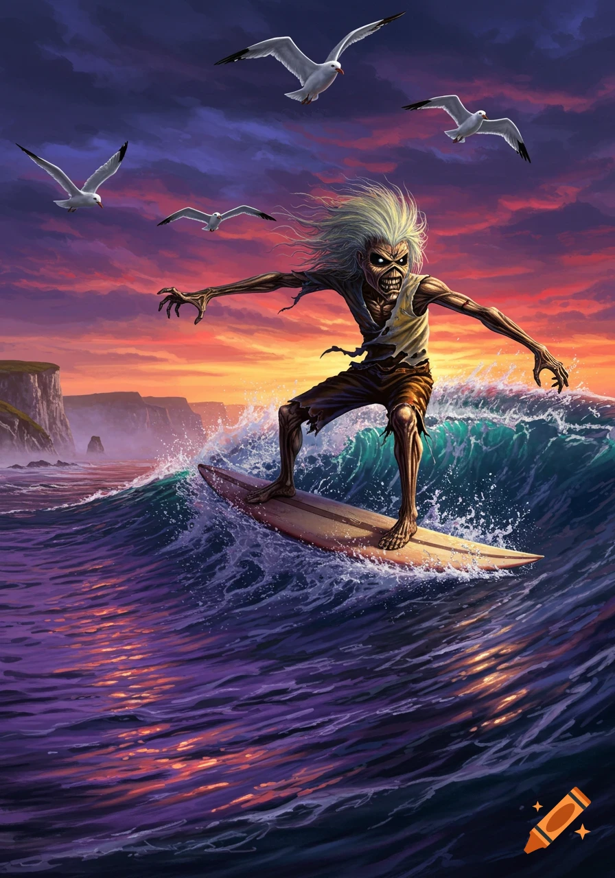 Zombie-like Eddie, the Iron Maiden mascot, surfing a wave at sunset with seagulls flying above ocean cliffs in an illustrative style.