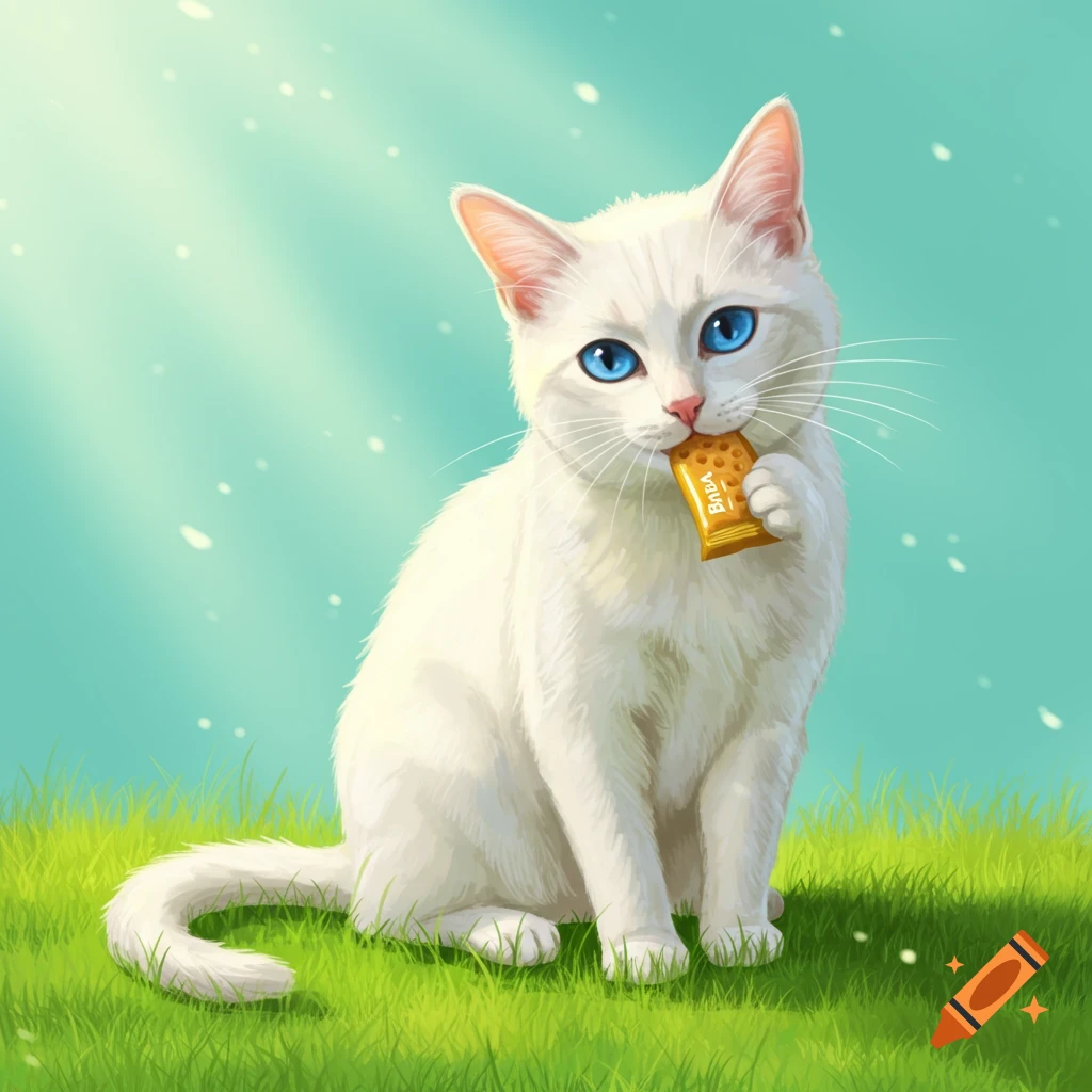 A white cat with bright blue eyes sits on green grass, eating a yellow snack with illegible text. A light blue sky is in the background.