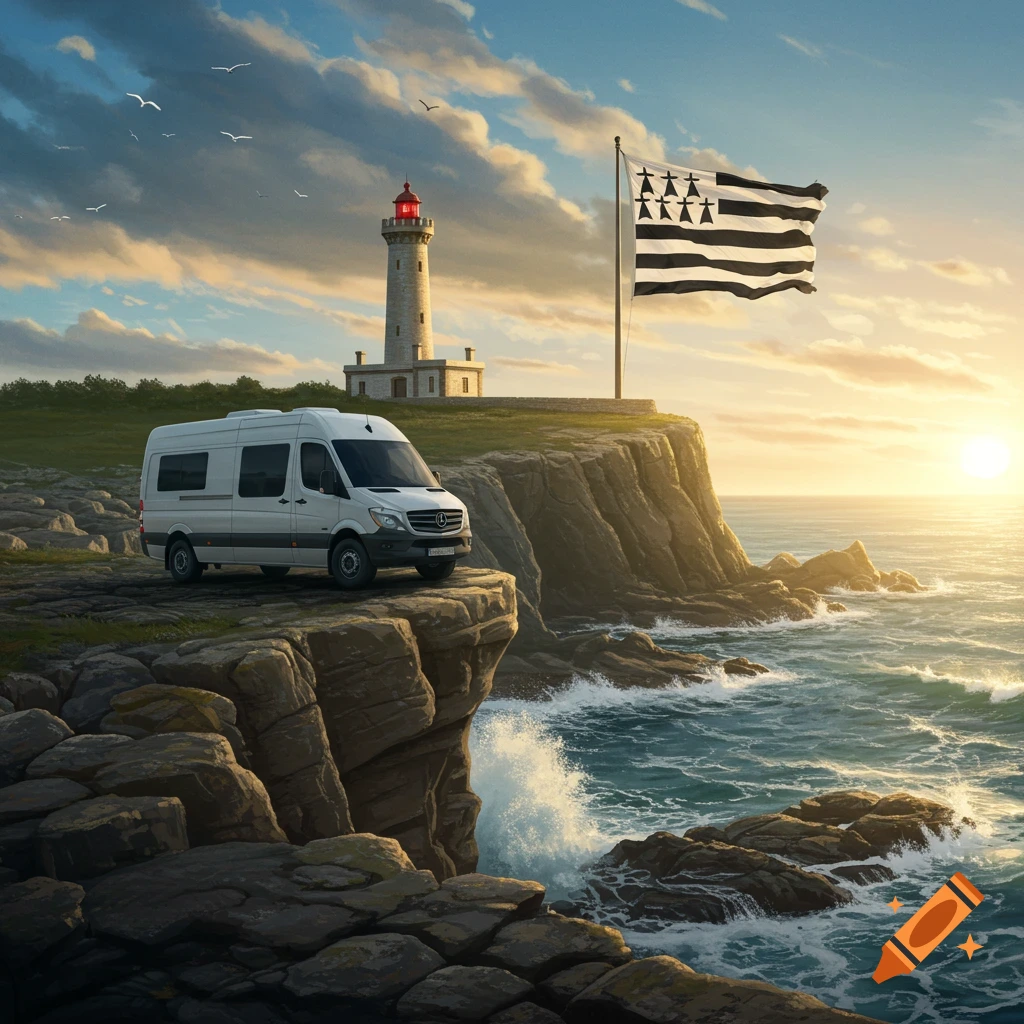 White Mercedes Sprinter van on a rocky cliff overlooking the ocean with a lighthouse and a Breton flag at sunset.