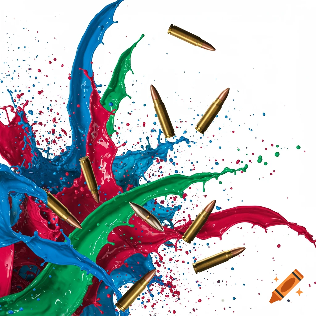 Bullets falling amidst vibrant splashes of red, blue, and green paint on a white background.