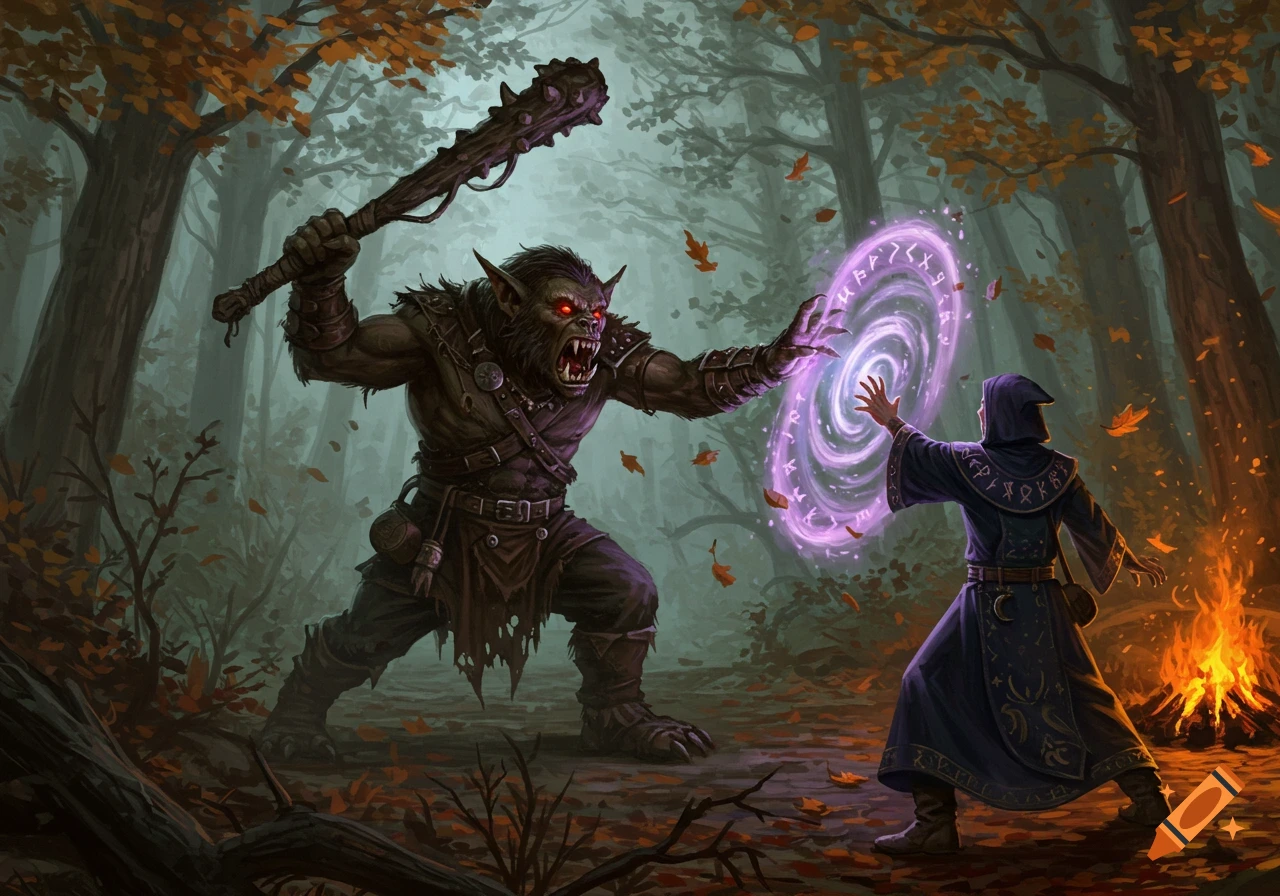 A monstrous bugbear with a spiked club attacks a hooded warlock casting a purple, runic spell in an autumn forest.