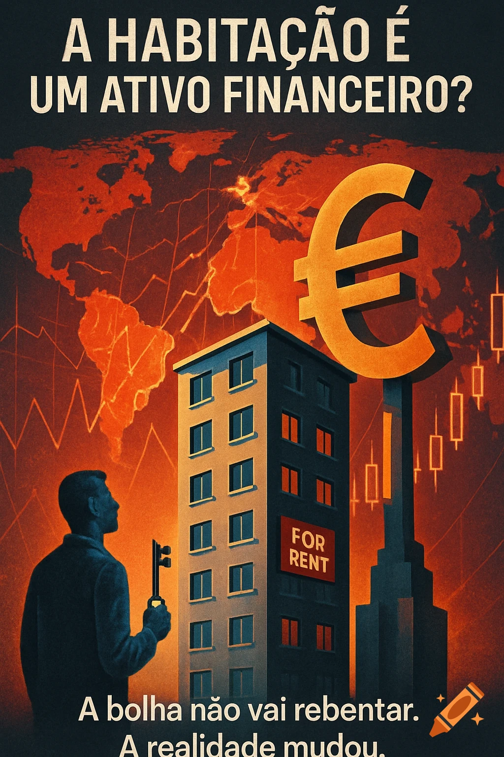 Stylized artwork on housing finance, showing a man with a key, a building, a large Euro symbol, and a world map. Text asks, 'Is housing a financial asset?'