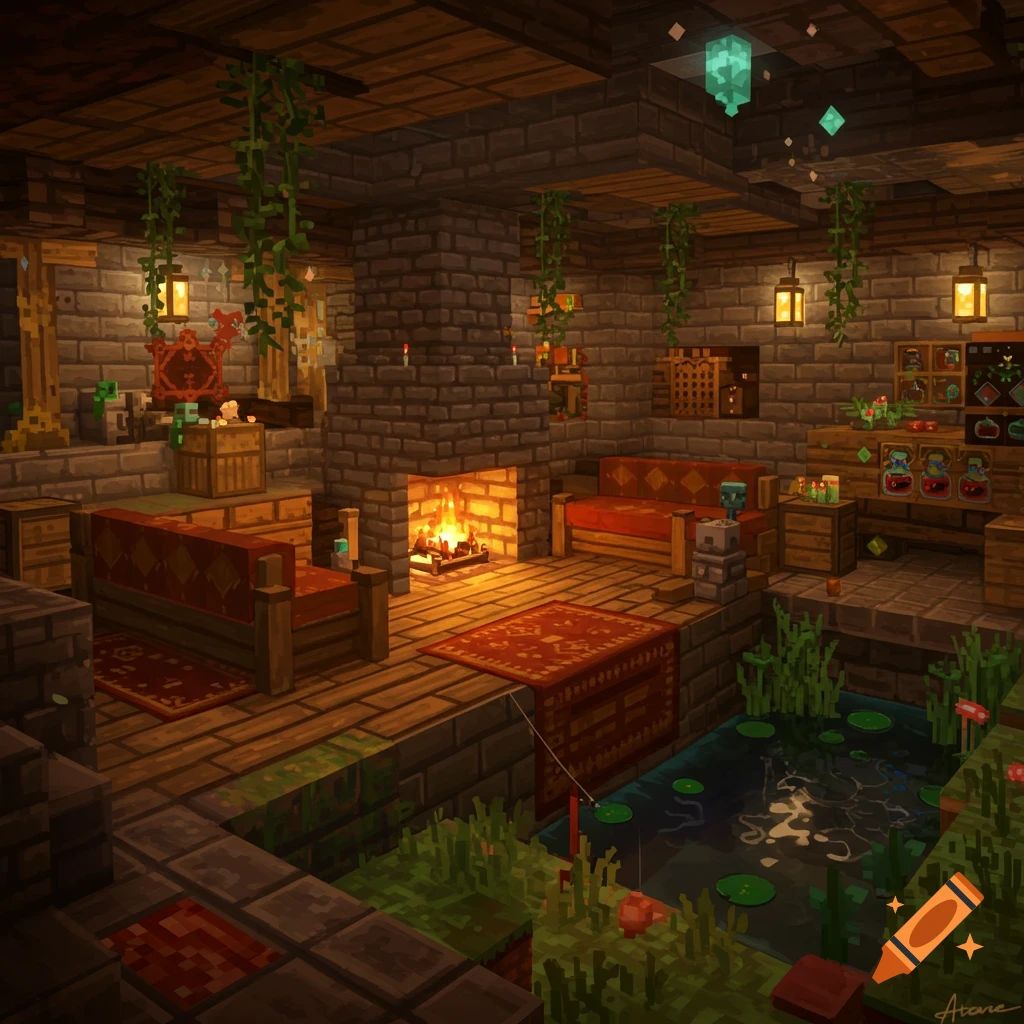 A cozy, warm-lit underground Minecraft base featuring a fireplace, sofas, crafting area, and an indoor pond with lily pads.