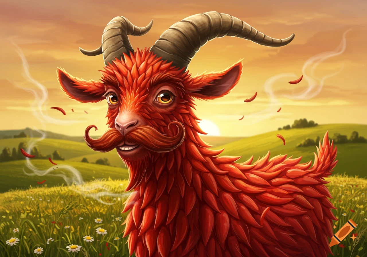 A cartoonish red goat with a curly mustache stands in a sunny field with chili flakes and smoke around it.