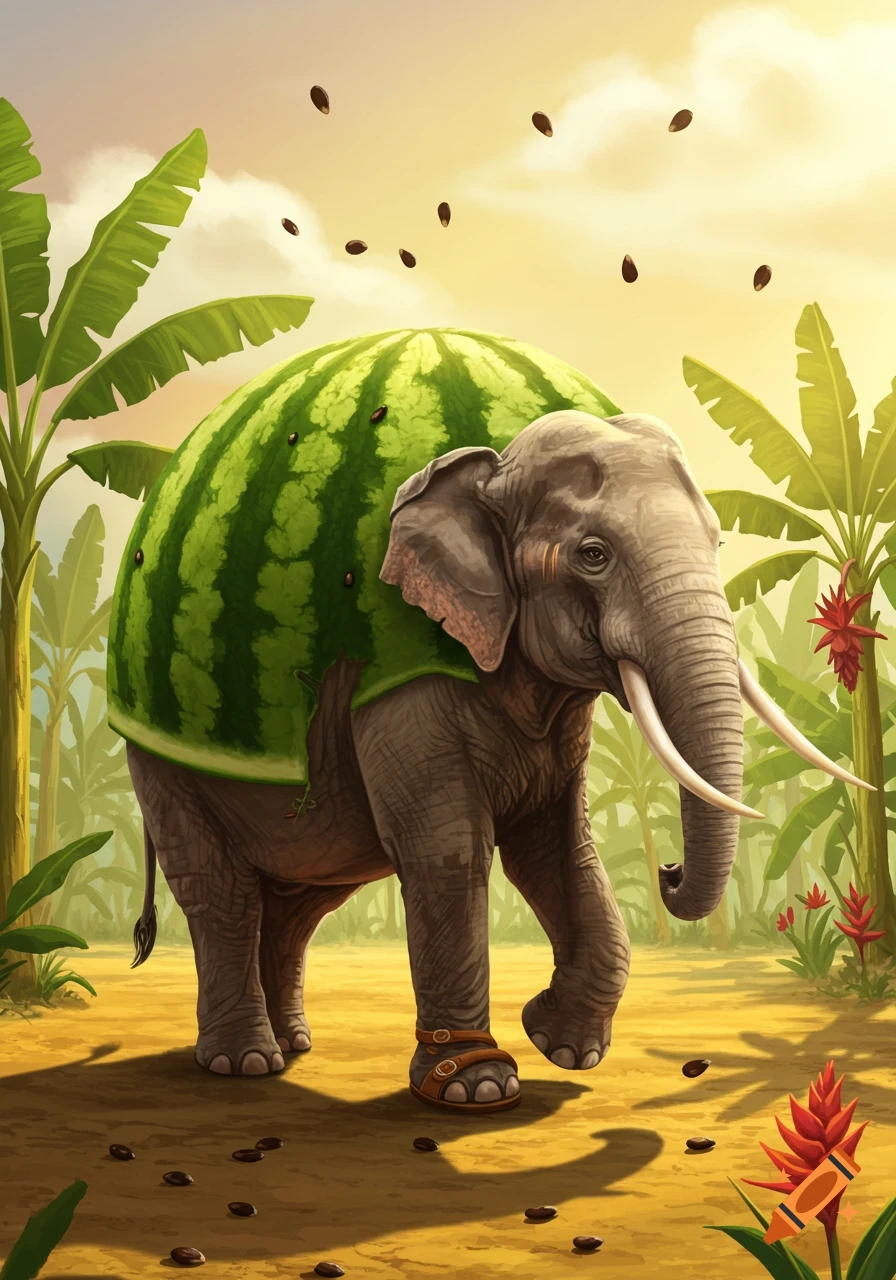 Illustrated elephant with a watermelon for a body, wearing one sandal, walking through a tropical jungle with falling watermelon seeds.
