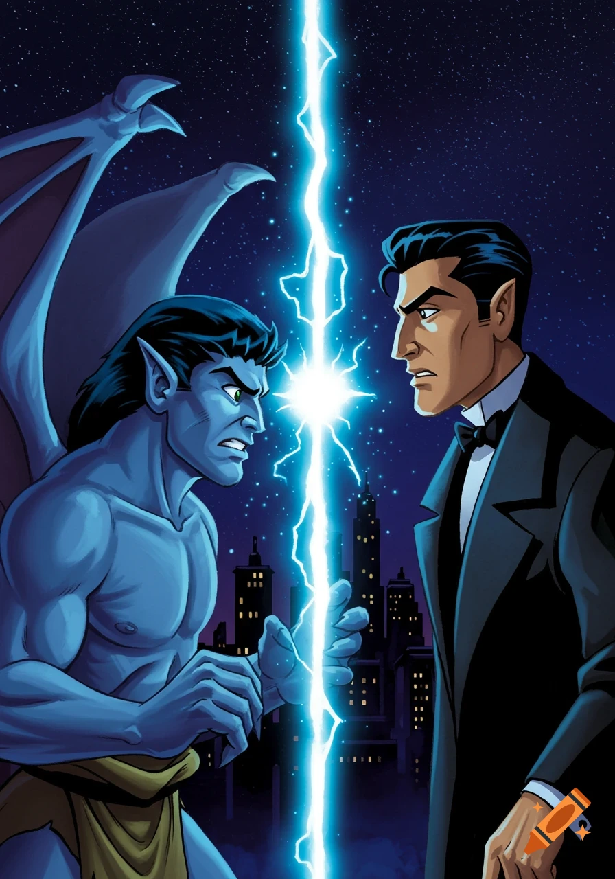 Blue gargoyle Goliath and David Xanatos in a suit face off, separated by a bright energy bolt, against a night city skyline in cartoon animation.