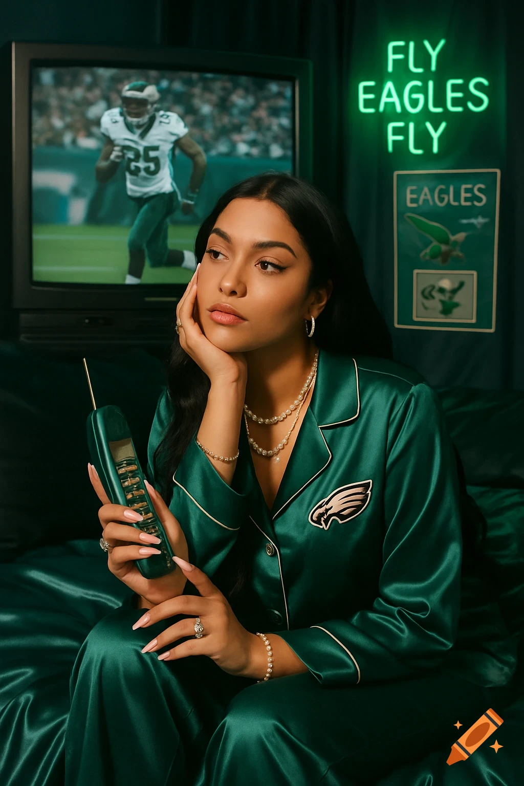 Woman in green Eagles pajamas watches a football game on a TV, holding a retro phone, with a "Fly Eagles Fly" neon sign.