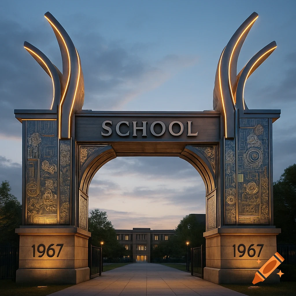 An ultra-realistic render of a monumental school gate with 'SCHOOL' on the arch, '1967' on pillars, glowing lights, and intricate patterns.