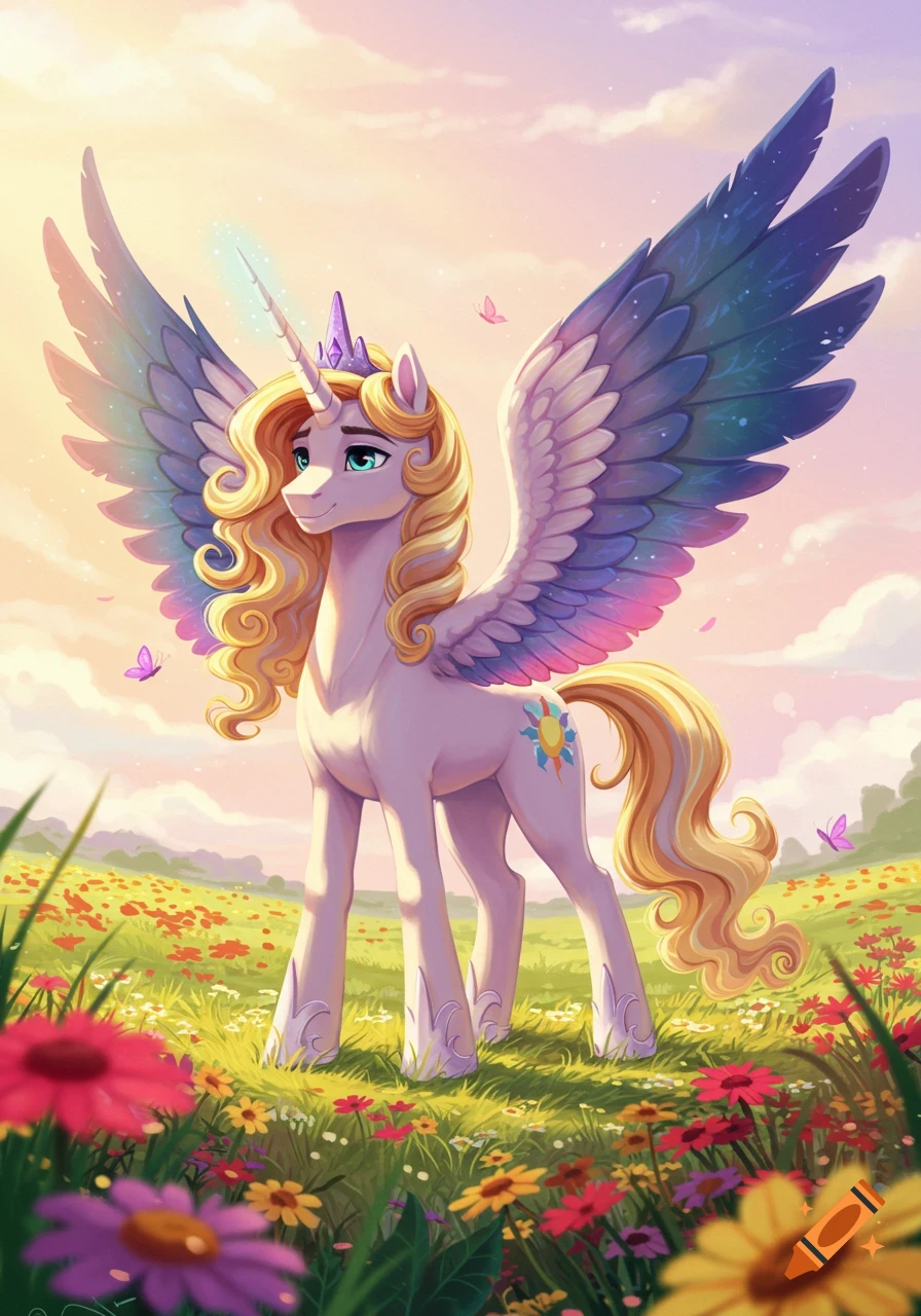 A pastel pink alicorn with a blonde curly mane, blue eyes, crown, and large blue wings stands in a vibrant wildflower field under a sunny sky.