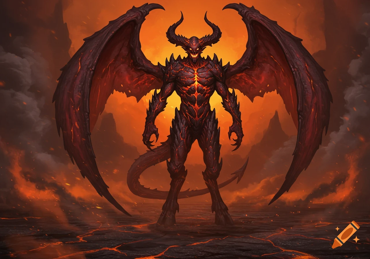 A fearsome, horned demon with large wings and glowing red cracks stands in a fiery, volcanic landscape.