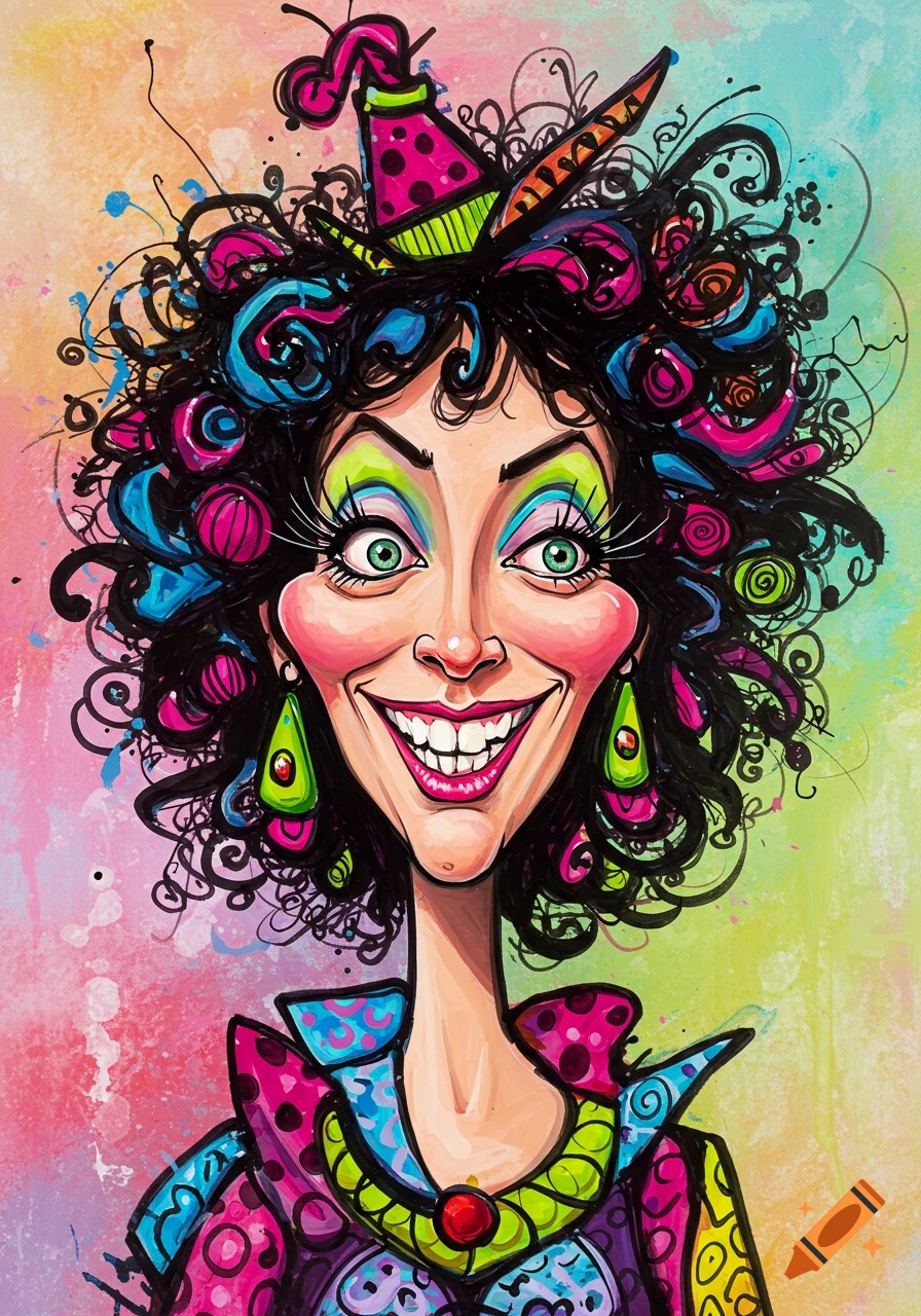 Vibrant caricature portrait of a woman with curly hair, bright makeup, a wide smile, and a tiny pointed hat.