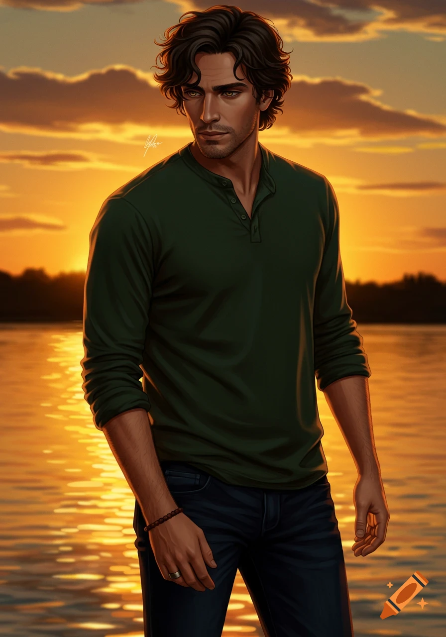 A soulful man with dark wavy hair and deep hazel eyes stands by a lake at sunset, wearing a green shirt and dark jeans.