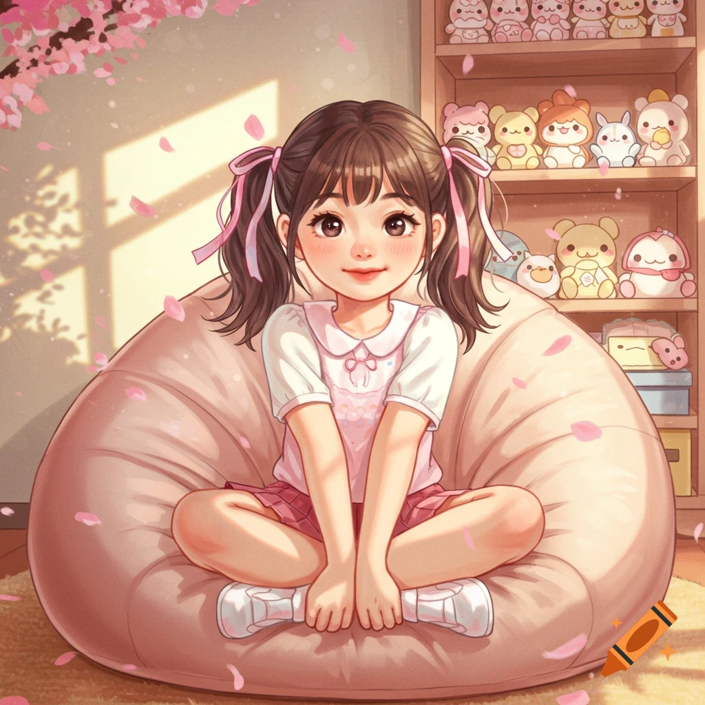 A cute anime girl with pigtails sits cross-legged on a pink bean bag, with cherry blossoms and plush toys.