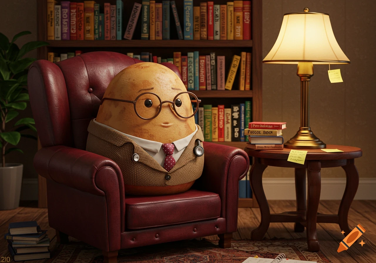 An anthropomorphic potato wearing glasses, a suit, and a stethoscope sits in a red armchair in a cozy library setting.
