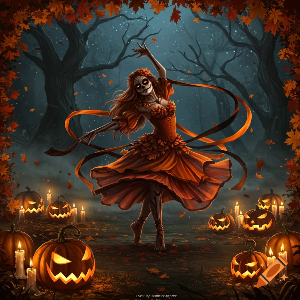 A festive skeleton dancer in an orange dress twirls among glowing Jack-o'-lanterns in a spooky autumn forest with falling leaves.