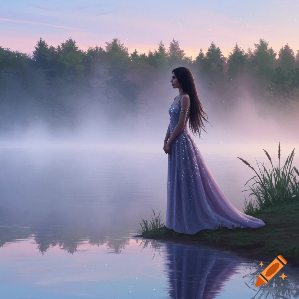 Woman in a shimmering purple dress stands by a misty lake at sunrise, forest in background. Digital art.