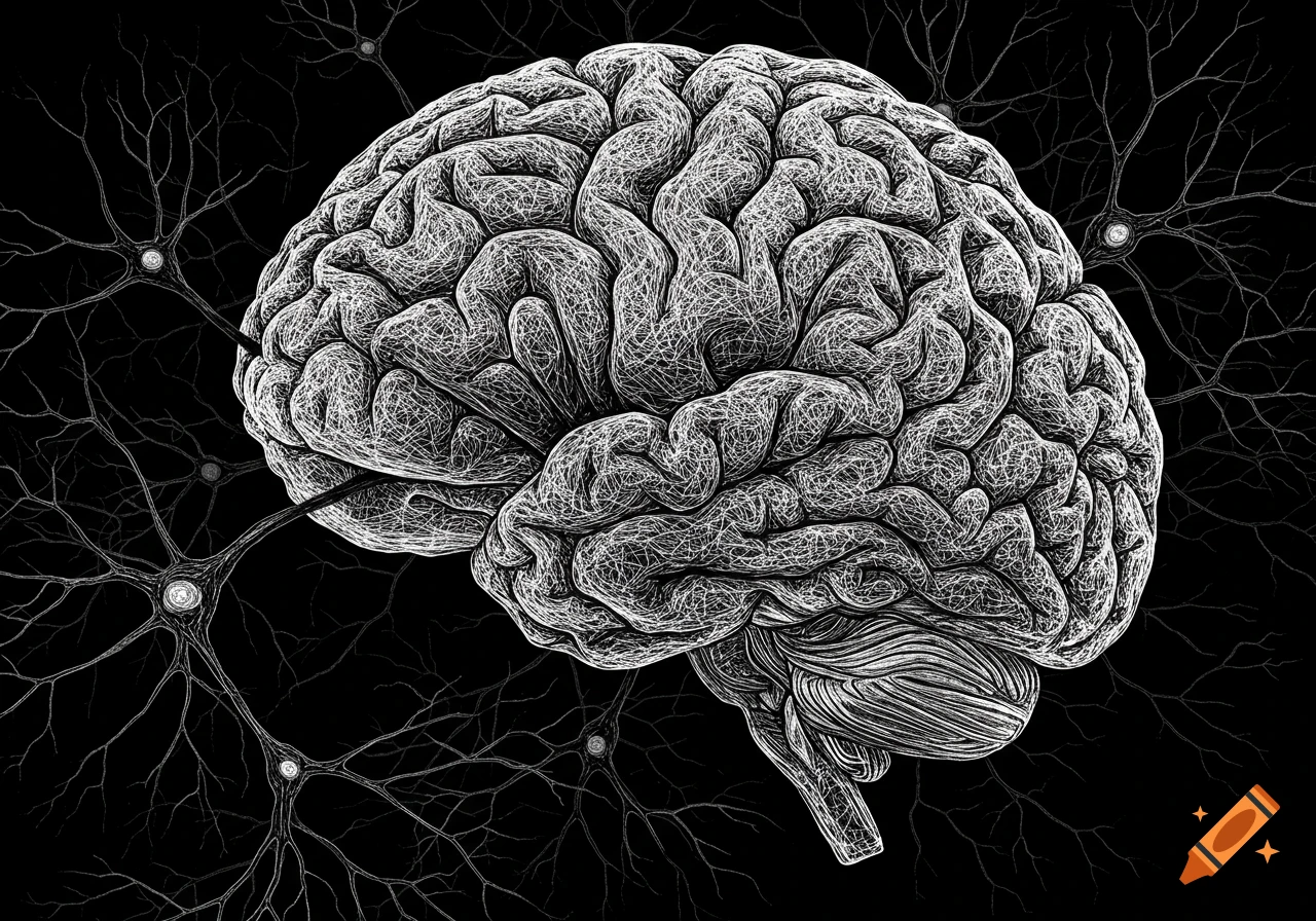 A detailed black and white line drawing of a human brain, connected to a network of neurons, on a dark background.